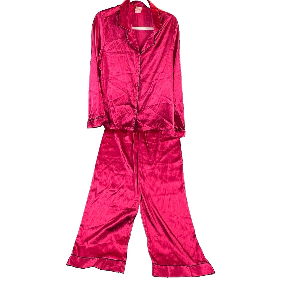 Gilligan & O'Malley Women Medium 2 Pc Sleepwear Set Red Satin Black Trim Pajamas